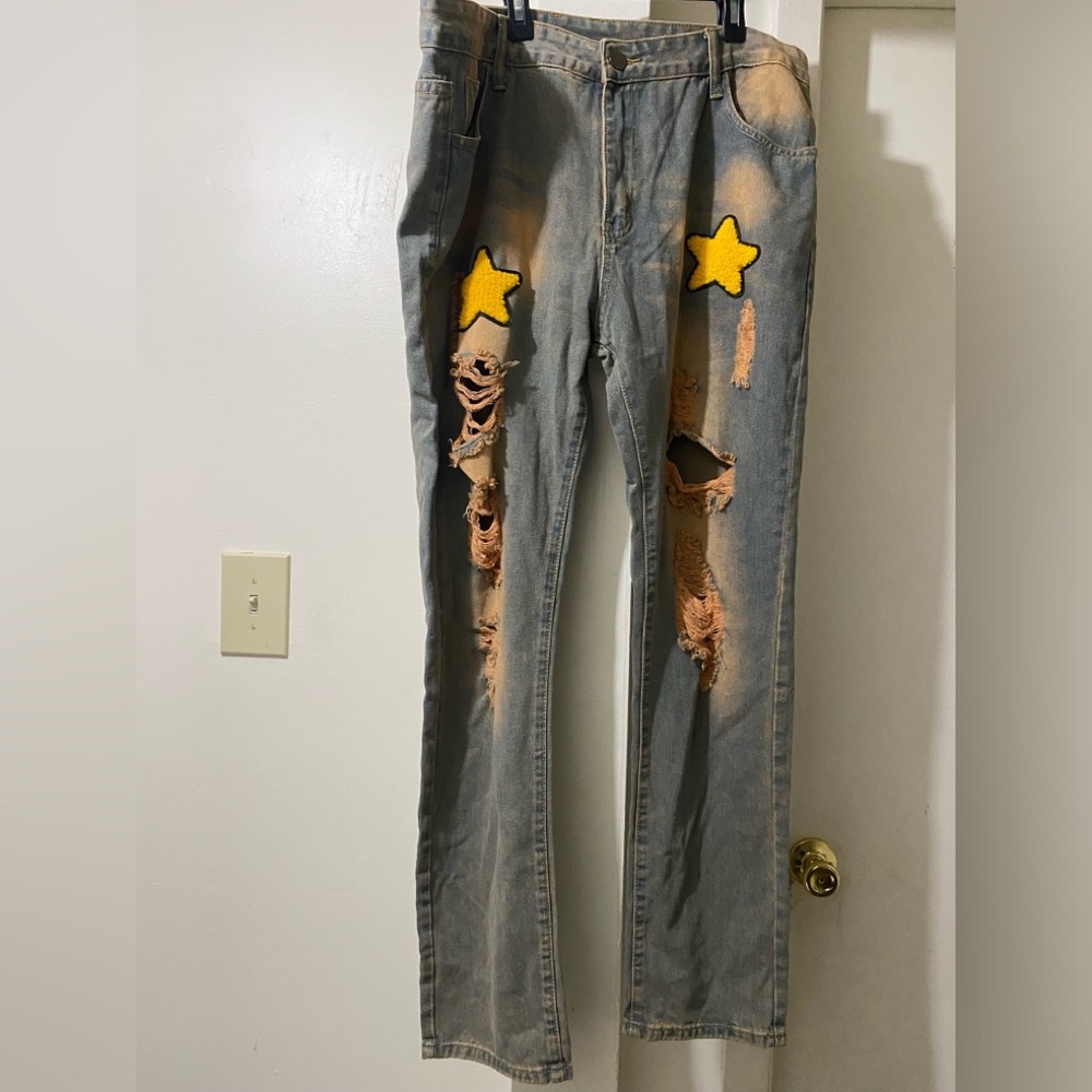 Distressed Jeans with Yellow Star Patches